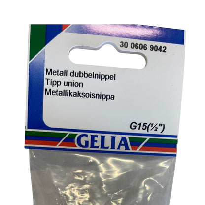 Dubbelnippel metall GELIA G15 närbild förpackning etikett