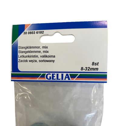 Slangklämmor GELIA mix 8-32mm - etikettsida med storleks- och antal­angivelse