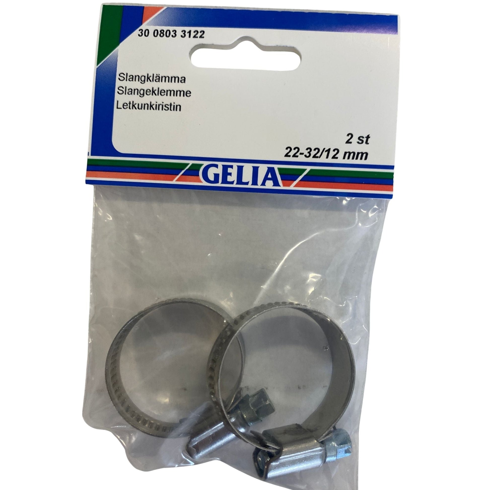 Slangklämma 22-32mm 12mm bandbredd 2-pack från GELIA - förpackning framsida med klämmor synliga