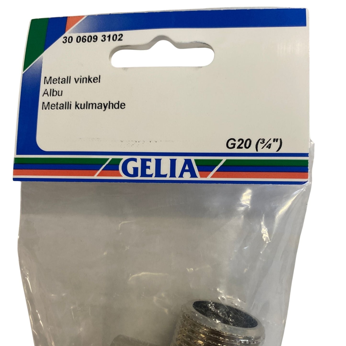 Vinkel metall GELIA G20 närbild förpackning etikett