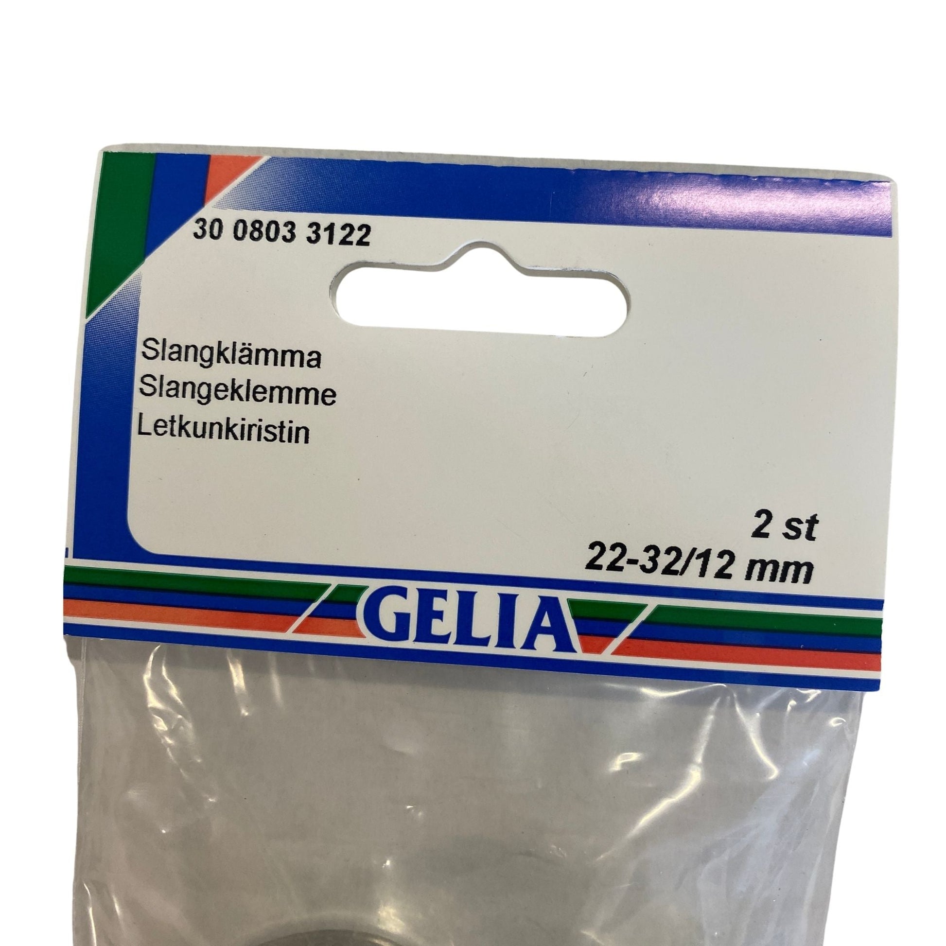 Slangklämma GELIA 22-32/12mm - etikettsida med storleks- och antalangivelse
