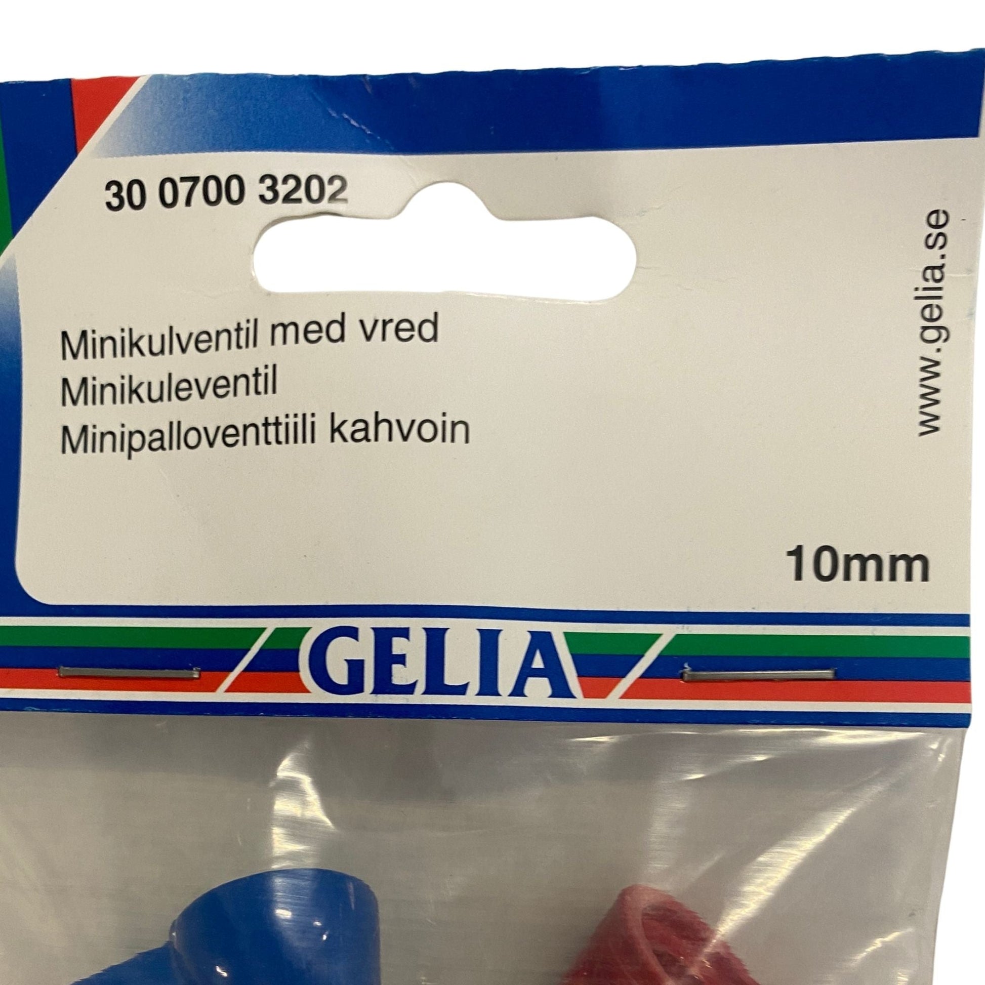 Minikulventil med vred GELIA 10mm närbild förpackning etikett