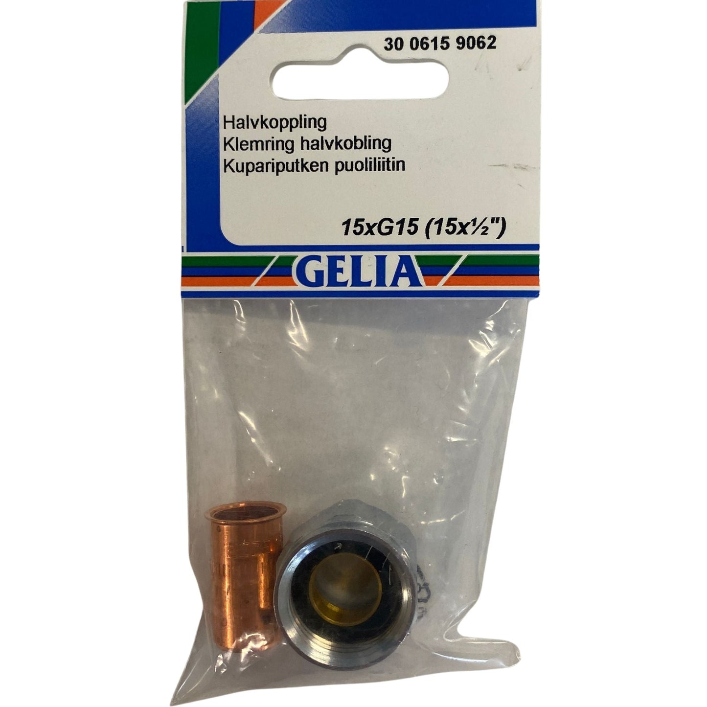 Halvkoppling GELIA 15xG15 klämringskoppling förpackning