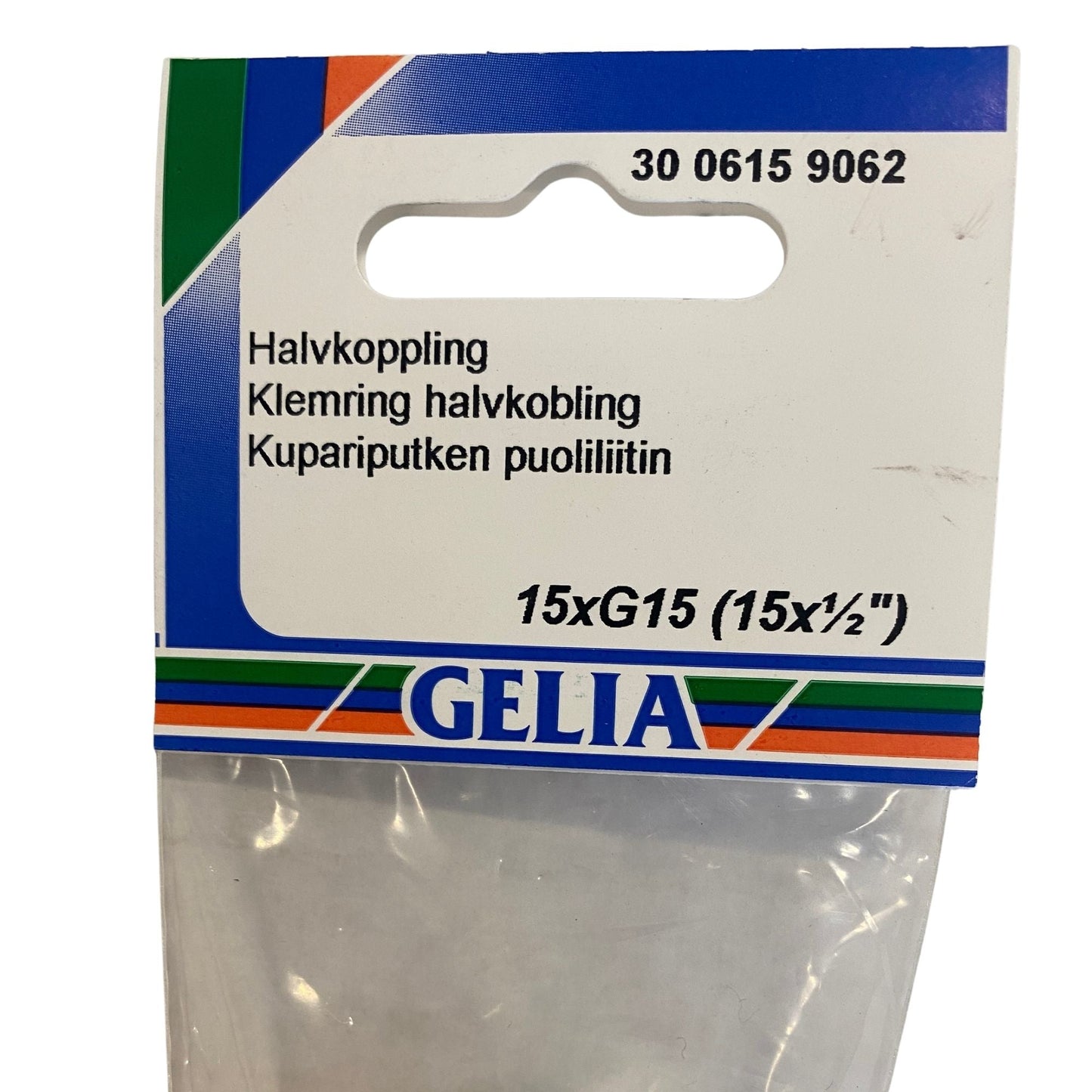 Halvkoppling GELIA 15xG15 närbild förpackning etikett