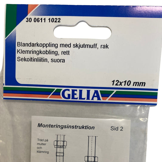 Blandarkoppling med skjutmuff rak GELIA 12x10mm närbild förpackning etikett