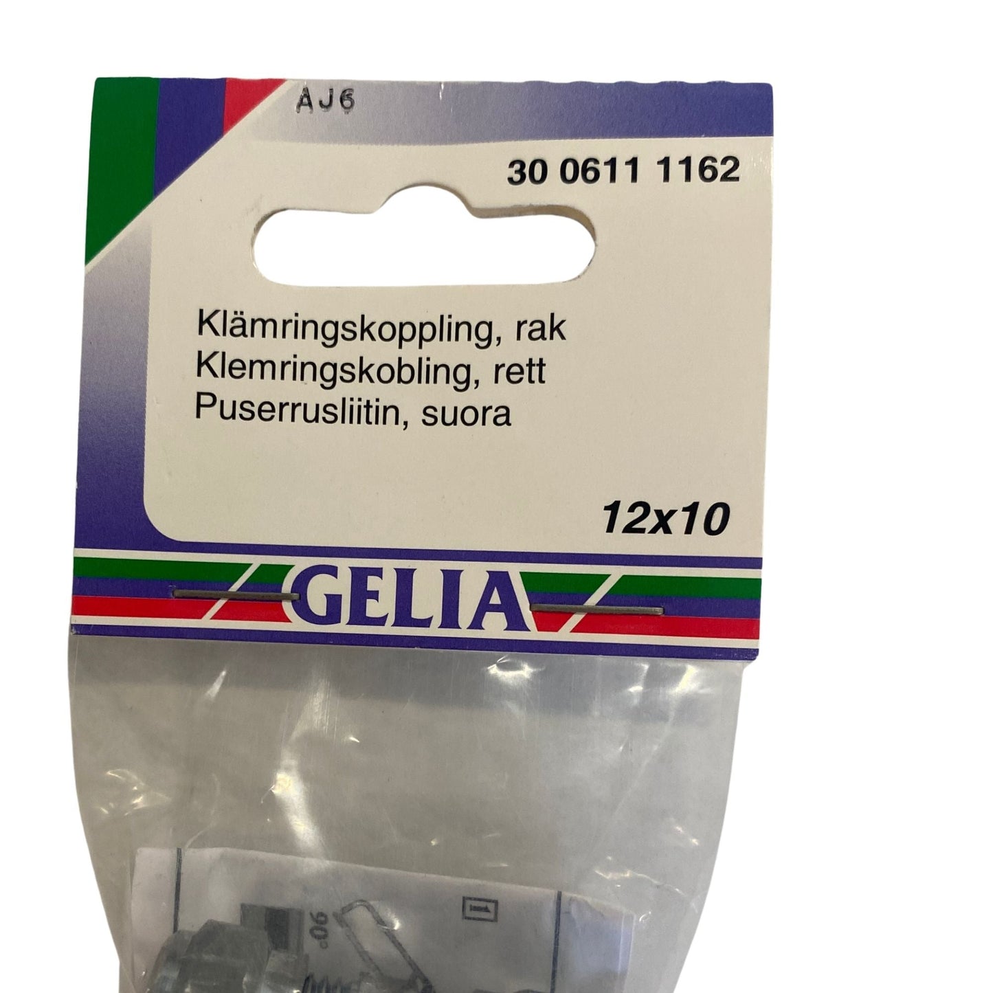 Klämringskoppling rak GELIA 12x10mm närbild förpackning etikett