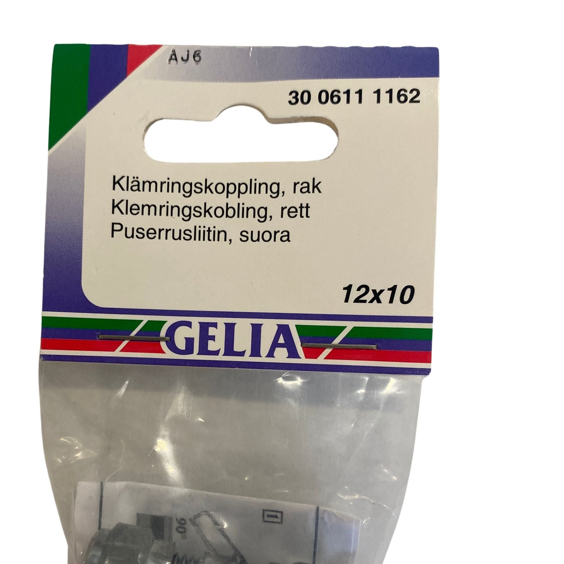 Klämringskoppling rak GELIA 12x10mm närbild förpackning etikett