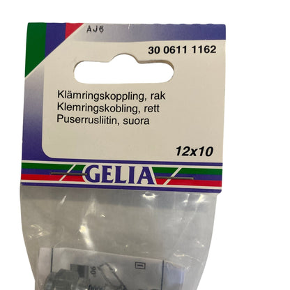 Klämringskoppling rak GELIA 12x10mm närbild förpackning etikett