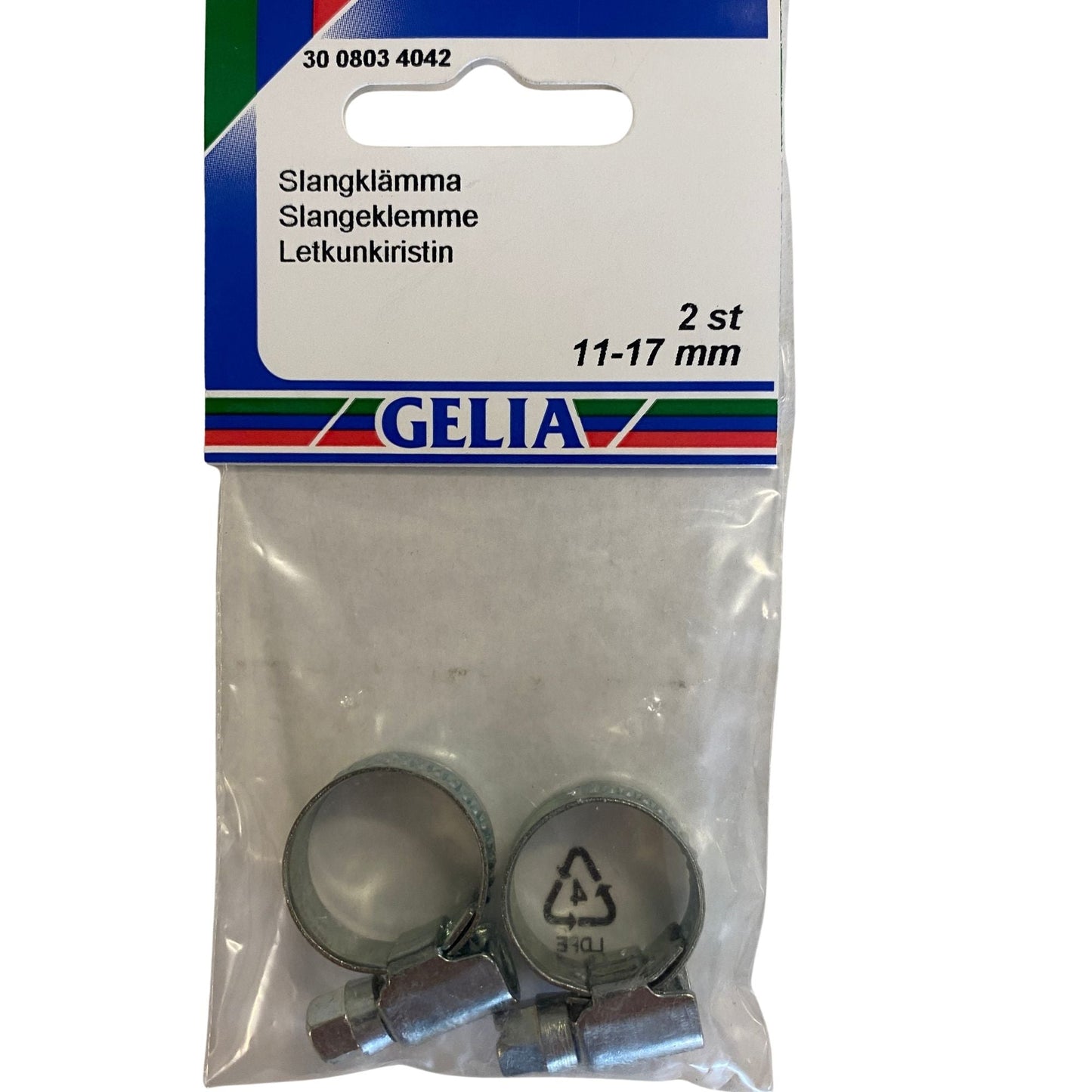 Slangklämma 11-17mm 2-pack från GELIA - förpackning framsida med klämmor synliga