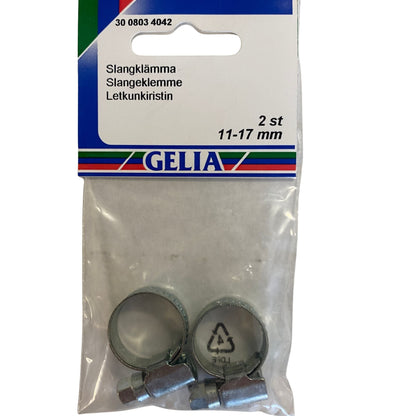 Slangklämma 11-17mm 2-pack från GELIA - förpackning framsida med klämmor synliga
