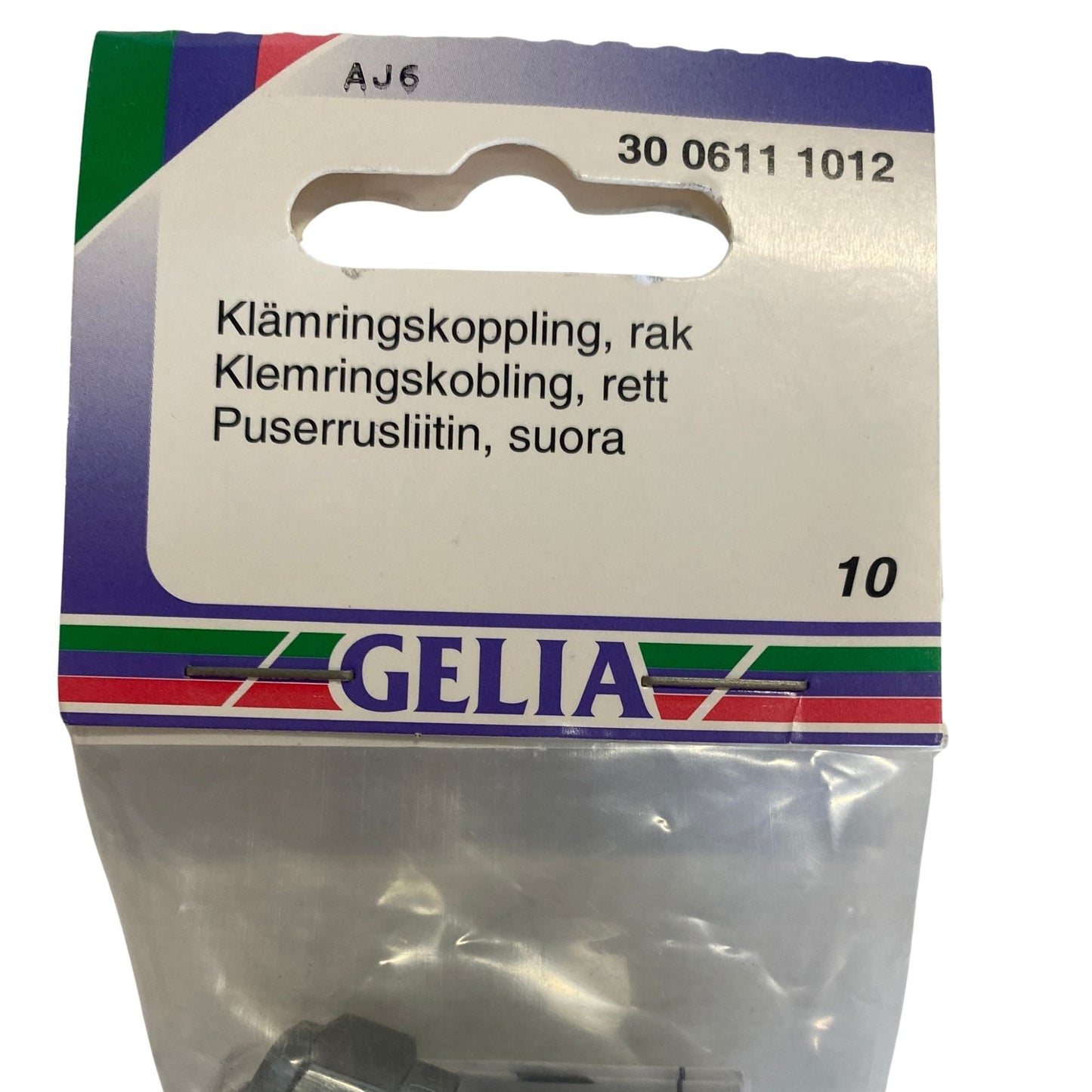 Klämringskoppling rak GELIA 10mm närbild förpackning etikett
