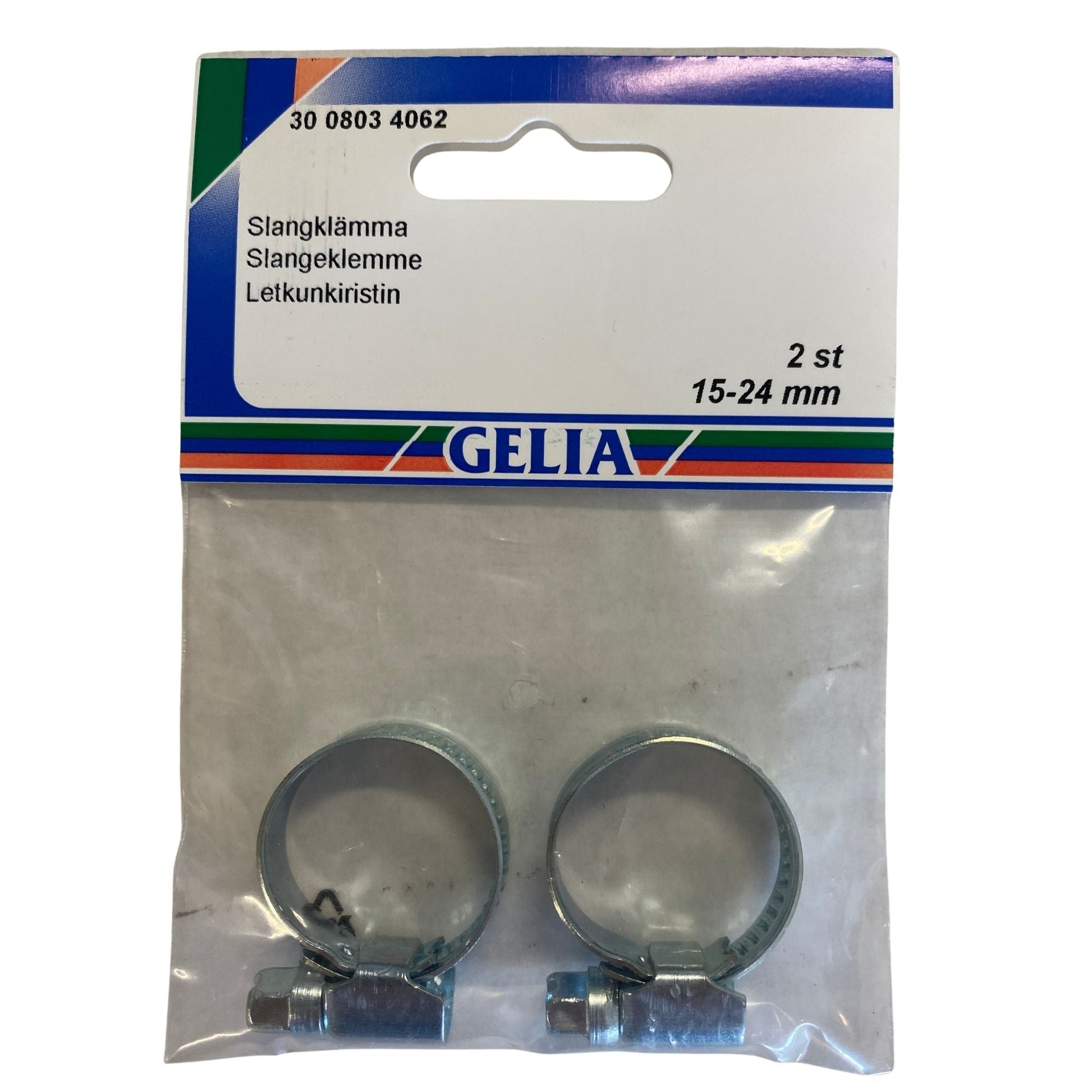 Slangklämma 15-24mm 2-pack från GELIA - förpackning framsida med klämmor synliga