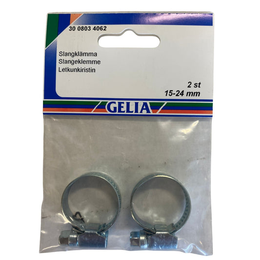 Slangklämma 15-24mm 2-pack från GELIA - förpackning framsida med klämmor synliga