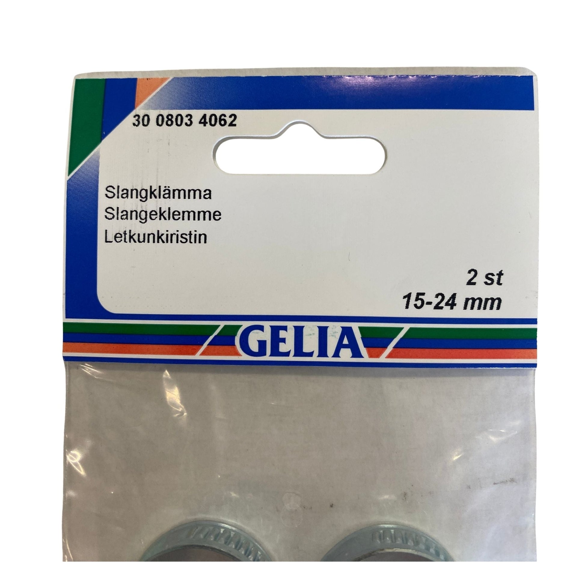 Slangklämma GELIA 15-24mm - etikettsida med storleks- och antalangivelse