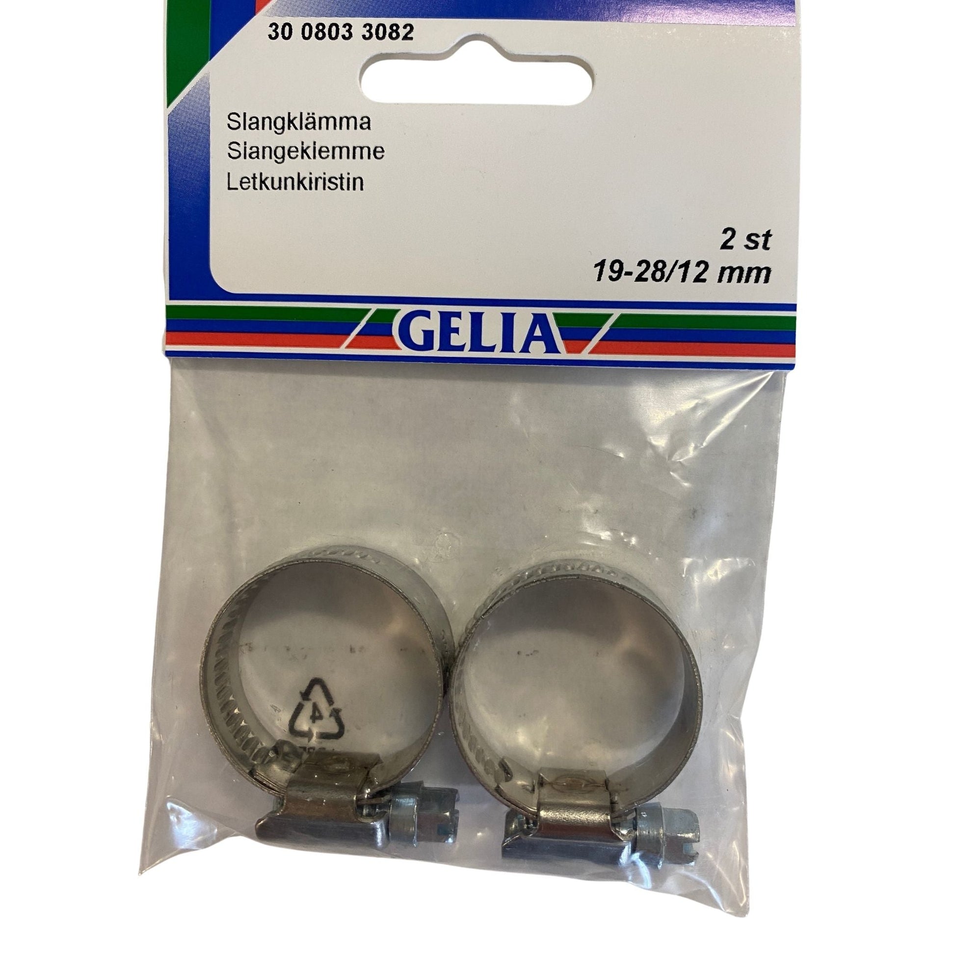 Slangklämma 19-28mm 12mm bandbredd 2-pack från GELIA - förpackning framsida med klämmor synliga