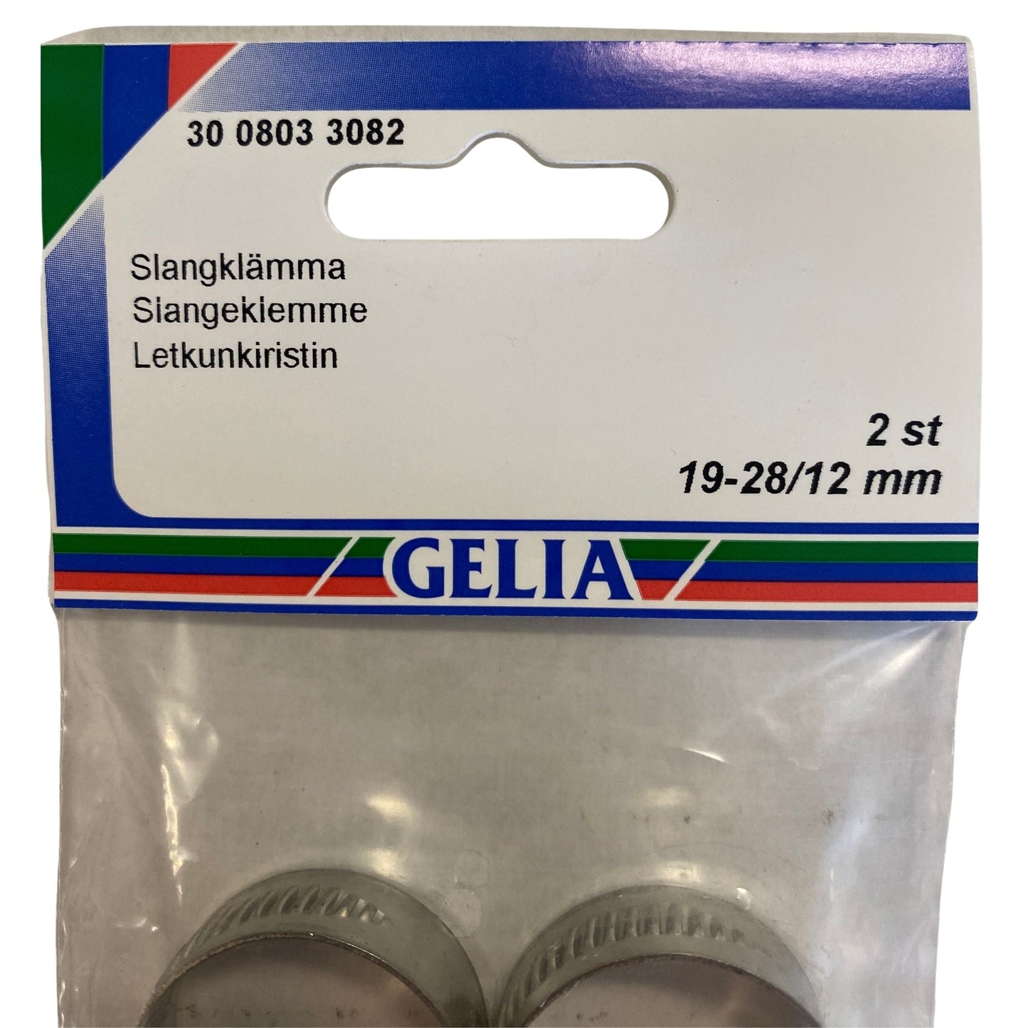 Slangklämma GELIA 19-28/12mm - etikettsida med storleks- och antalangivelse