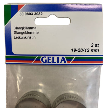 Slangklämma GELIA 19-28/12mm - etikettsida med storleks- och antalangivelse