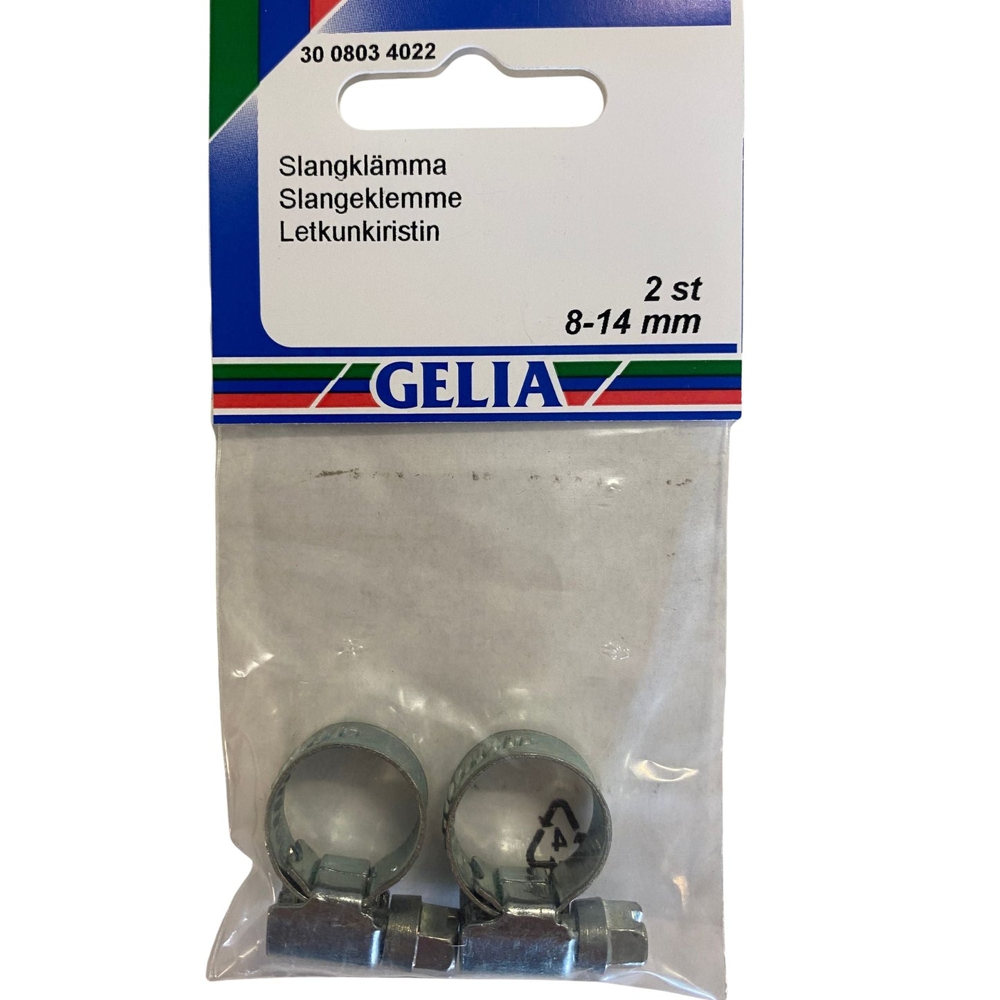 Slangklämma 8-14mm 2-pack från GELIA - förpackning framsida med klämmor synliga