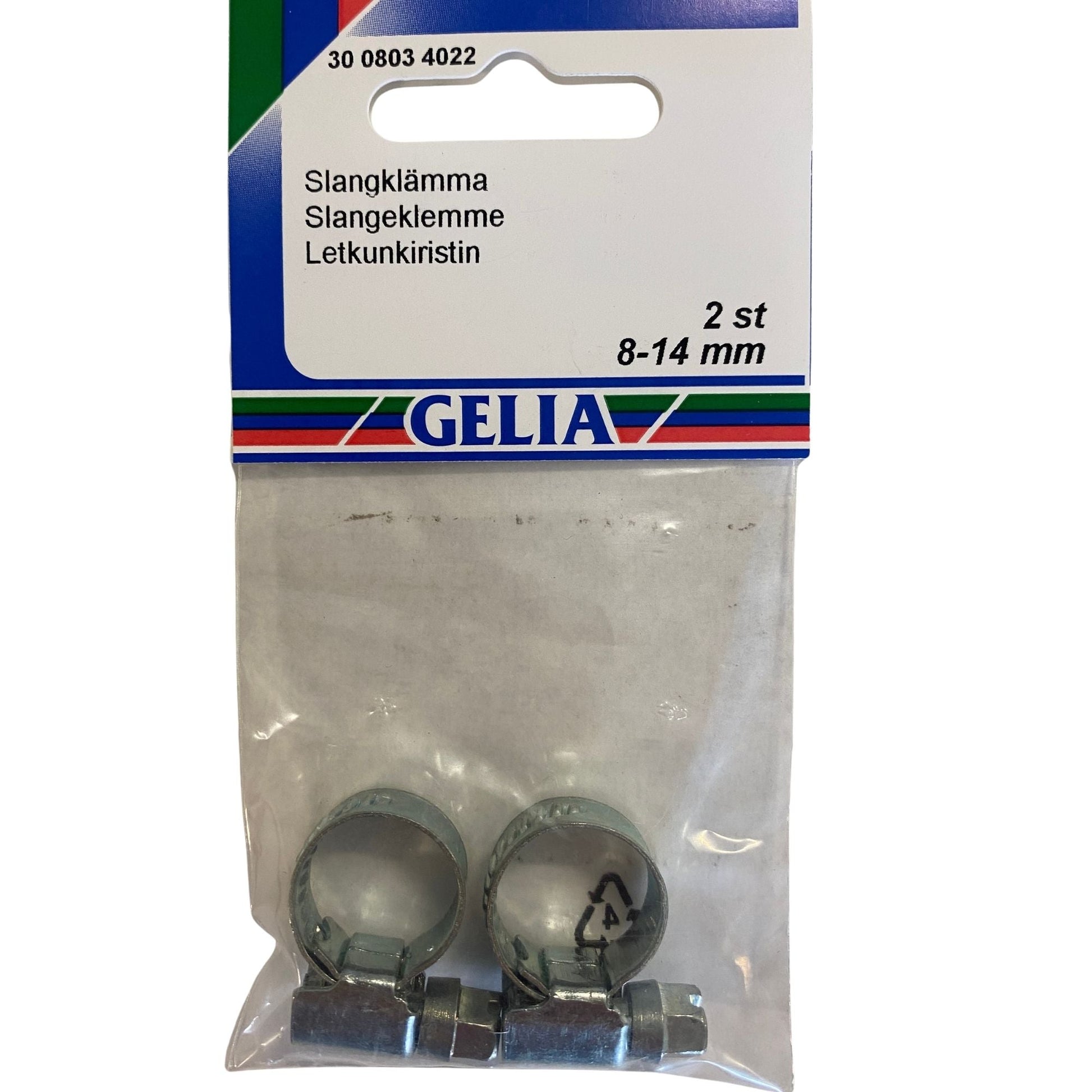 Slangklämma 8-14mm 2-pack från GELIA - förpackning framsida med klämmor synliga