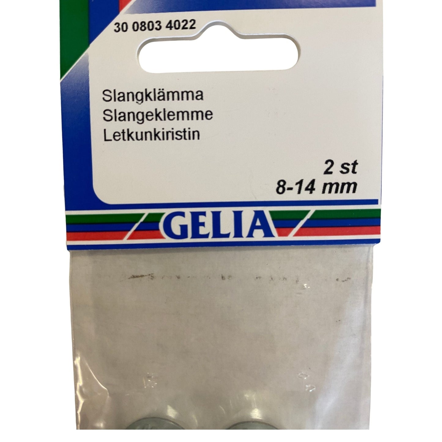 Slangklämma GELIA 8-14mm - etikettsida med storleks- och antalangivelse