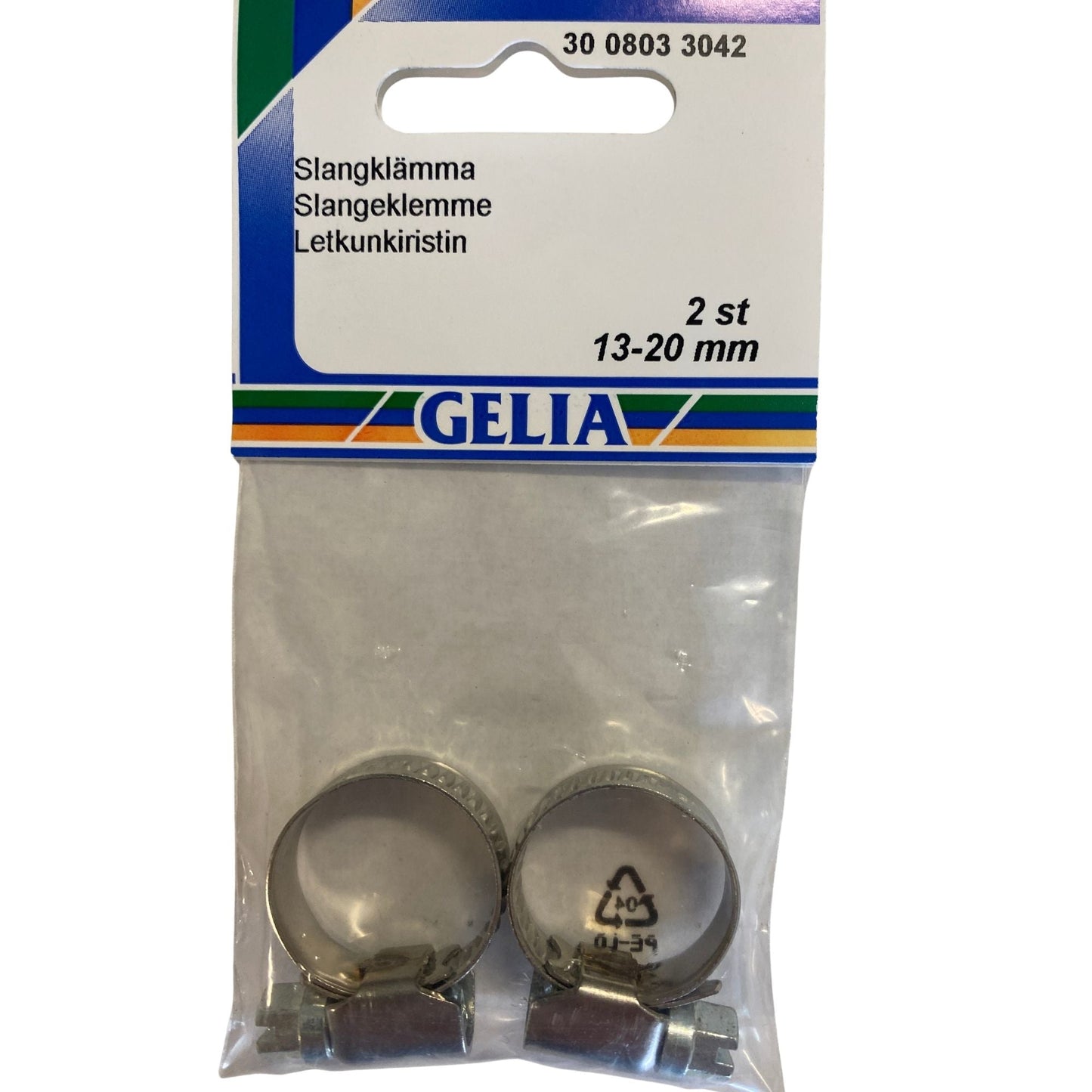 Slangklämma 13-20mm 2-pack från GELIA - förpackning framsida med klämmor synliga