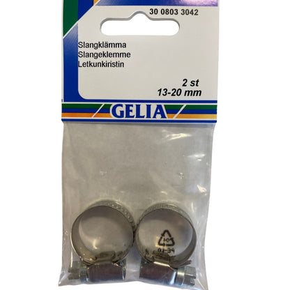 Slangklämma 13-20mm 2-pack från GELIA - förpackning framsida med klämmor synliga