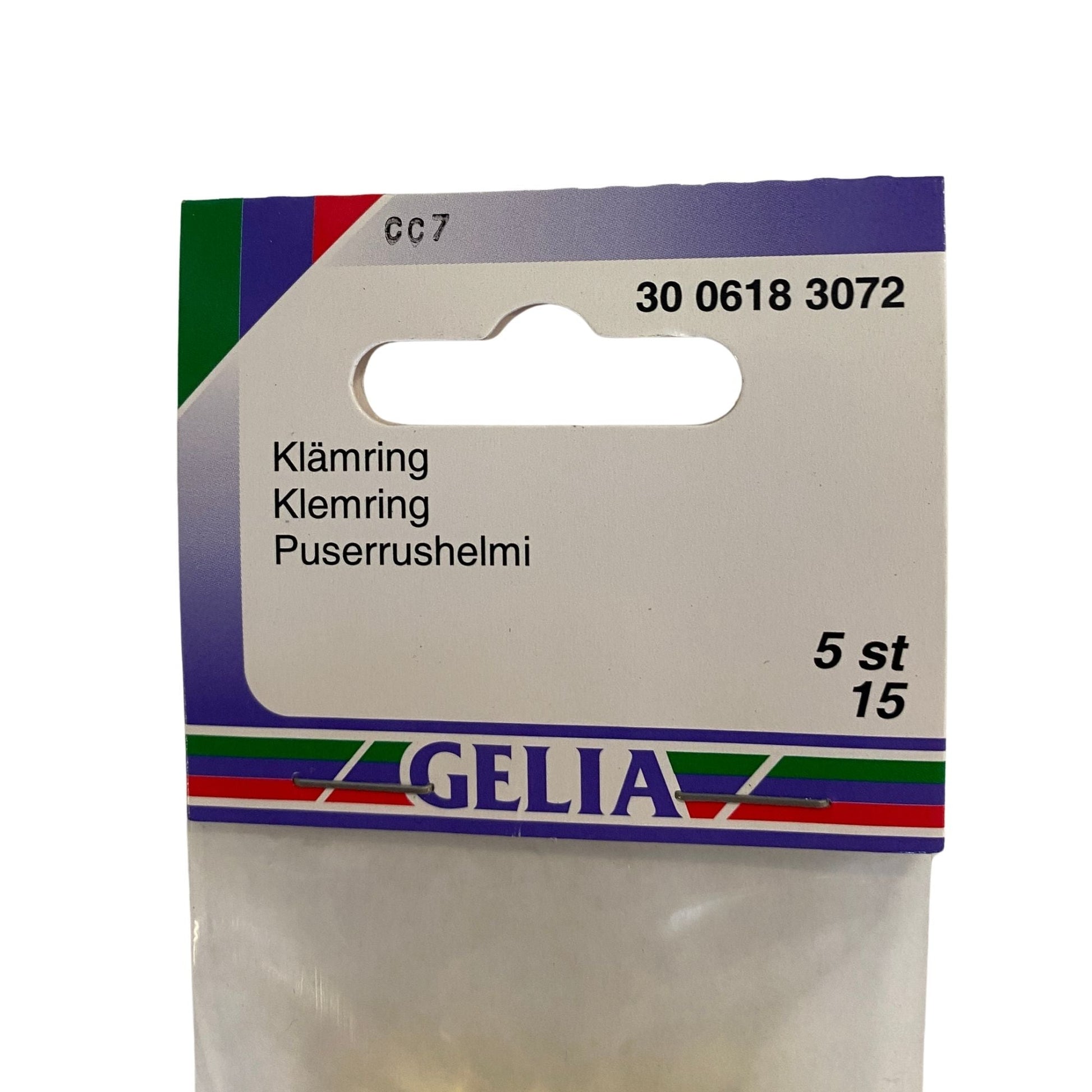 Klämring GELIA 15 mm – närbild på etikett med artikelnummer 30 0618 3072
