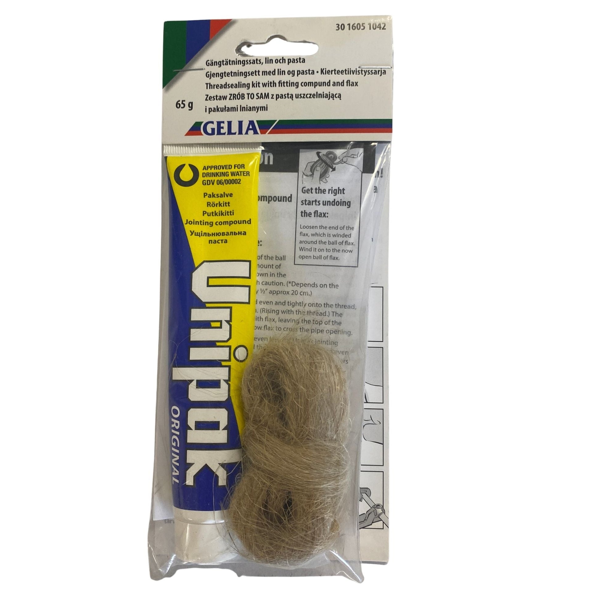 Gängtätningssats lin och pasta 65g GELIA Unipak Original - förpackning framsida med lin och rörkitt synliga