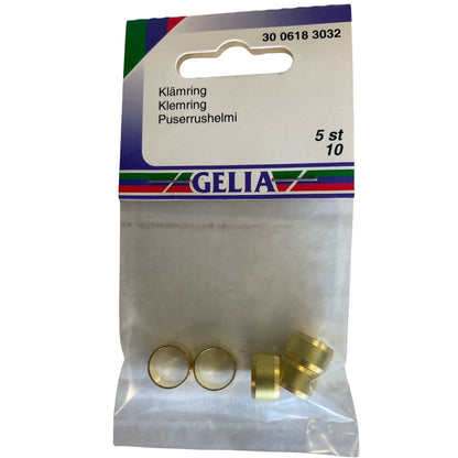 Klämring GELIA 10 mm 5-pack i mässing för kompressionsanslutning – framsida förpackning