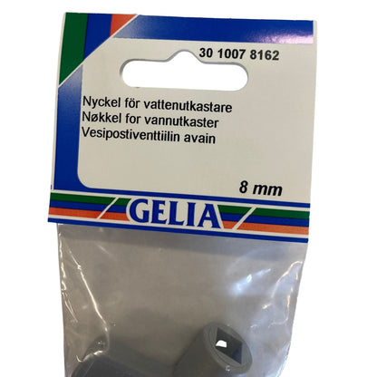 Nyckel vattenutkastare GELIA 8mm - etikettsida med dimensionsangivelse och nyckel synlig