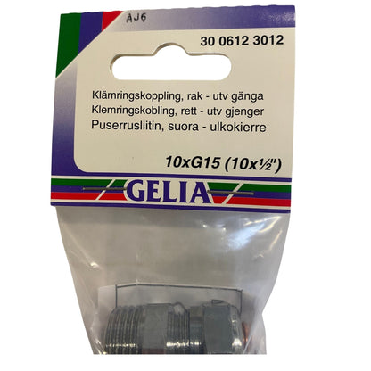 Klämringskoppling GELIA rak 10xG15 - etikettsida med dimensionsangivelse
