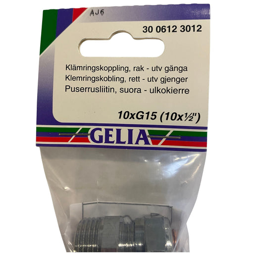 Klämringskoppling GELIA rak 10xG15 - etikettsida med dimensionsangivelse