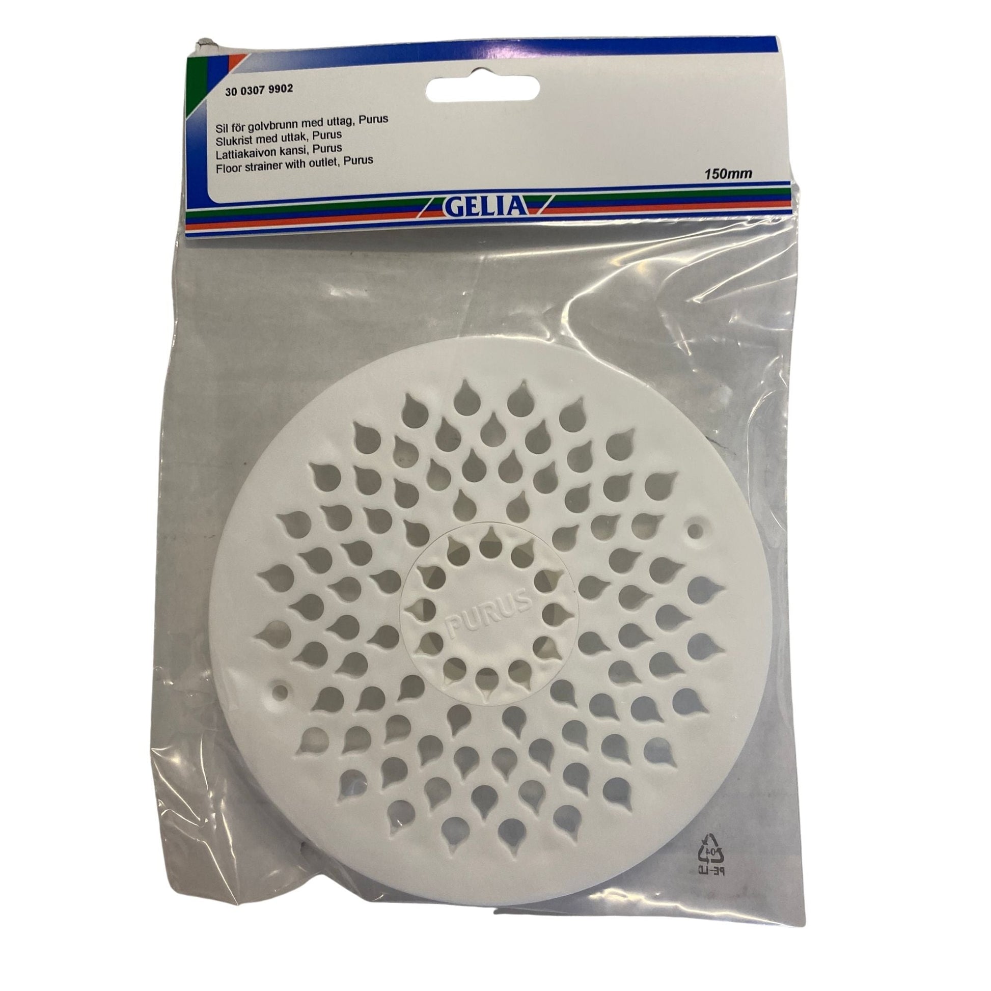 Sil för golvbrunn med uttag 150mm vit plast Purus från GELIA - förpackning framsida med sil synlig