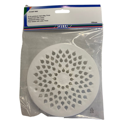 Sil för golvbrunn med uttag 150mm vit plast Purus från GELIA - förpackning framsida med sil synlig