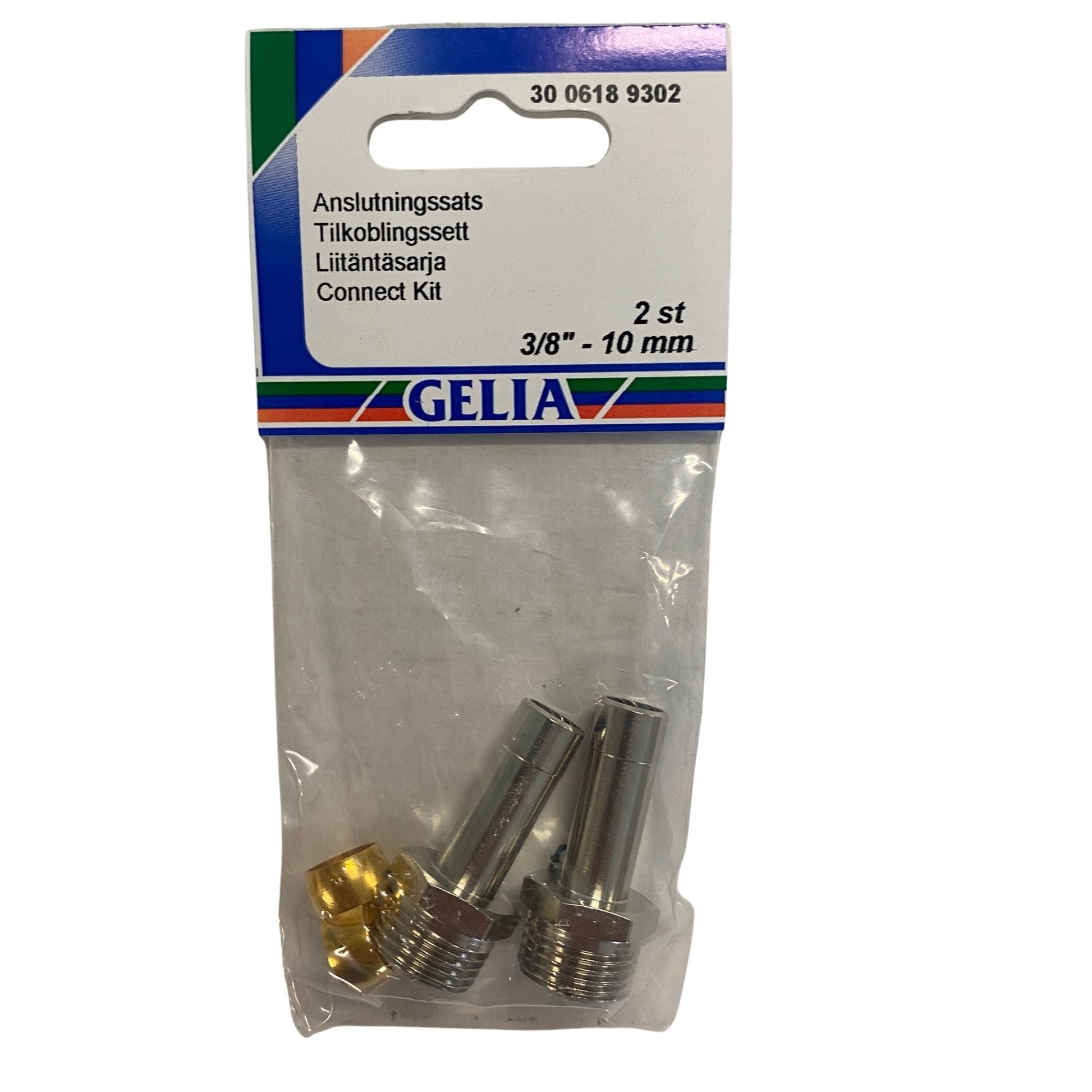 Anslutningssats blandarslang 3/8" x 10mm klämringkoppling 2-pack från GELIA - förpackning framsida med kopplingar synliga