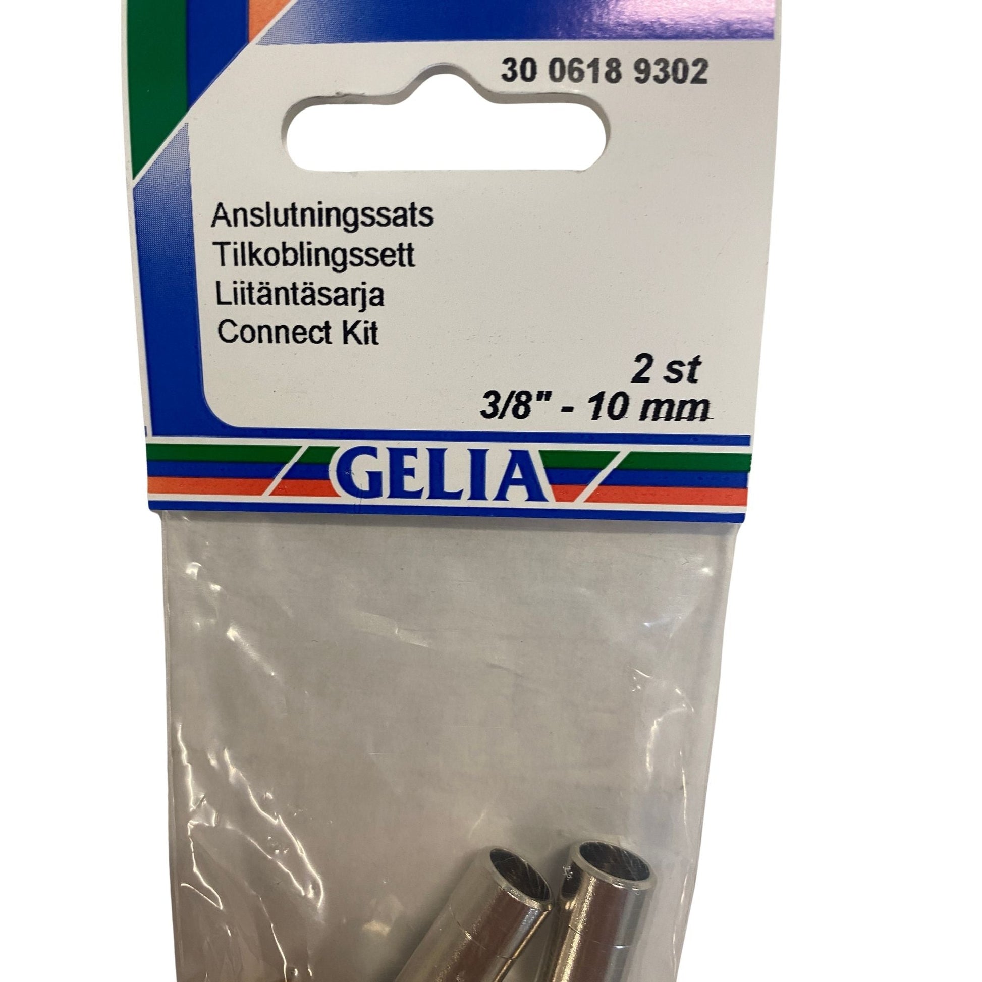 Anslutningssats GELIA 3/8" 10mm blandarslang - etikettsida med kopplingsdetaljer synliga