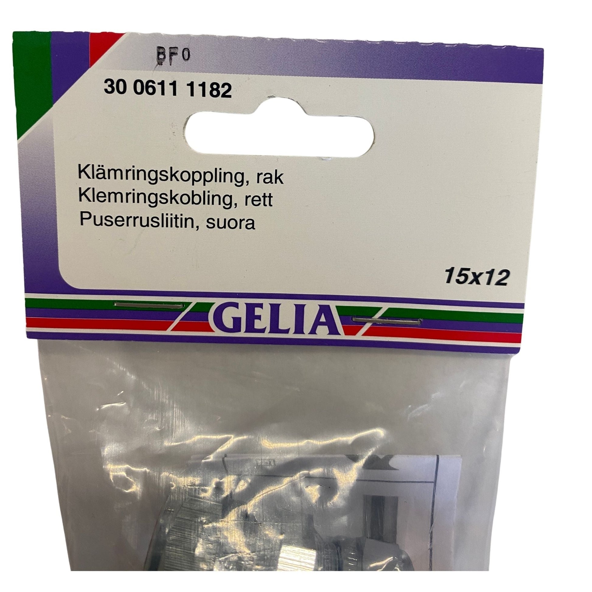 Klämringskoppling GELIA rak 15x12 - etikettsida med dimensionsangivelse