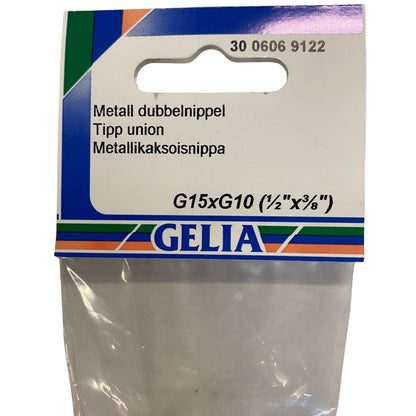 Dubbelnippel GELIA G15xG10 halvtum x tre åttondels tum - etikettsida med dimensionsangivelse