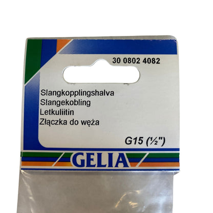 Slangkopplingshalva GELIA G15 (½") – närbild på etikett med artikelnummer 30 0802 4082