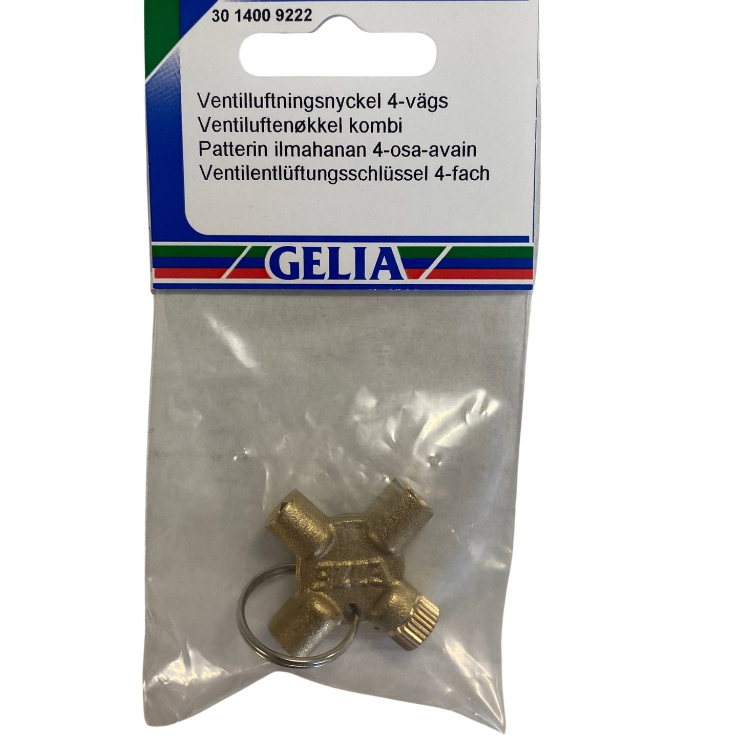 GELIA ventilluftningsnyckel 4-vägs kombi i mässing, förpackning