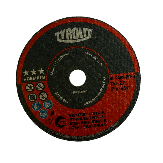 Kapskiva Tyrolit Premium 75x2,0 mm för rostfritt stål, sedd framifrån