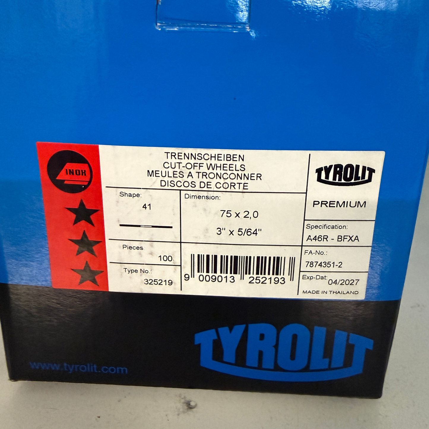 Kartongetikett med produktinformation för Tyrolit kapskivor 75x2,0 mm