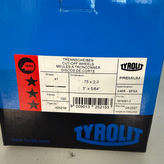 Kartongetikett med produktinformation för Tyrolit kapskivor 75x2,0 mm