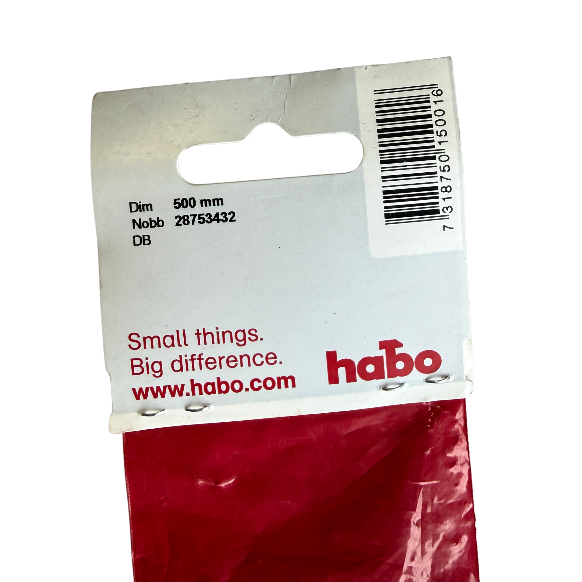 Baksida av förpackning med dimension och Nobb-nummer för Habo vridstång 500 mm