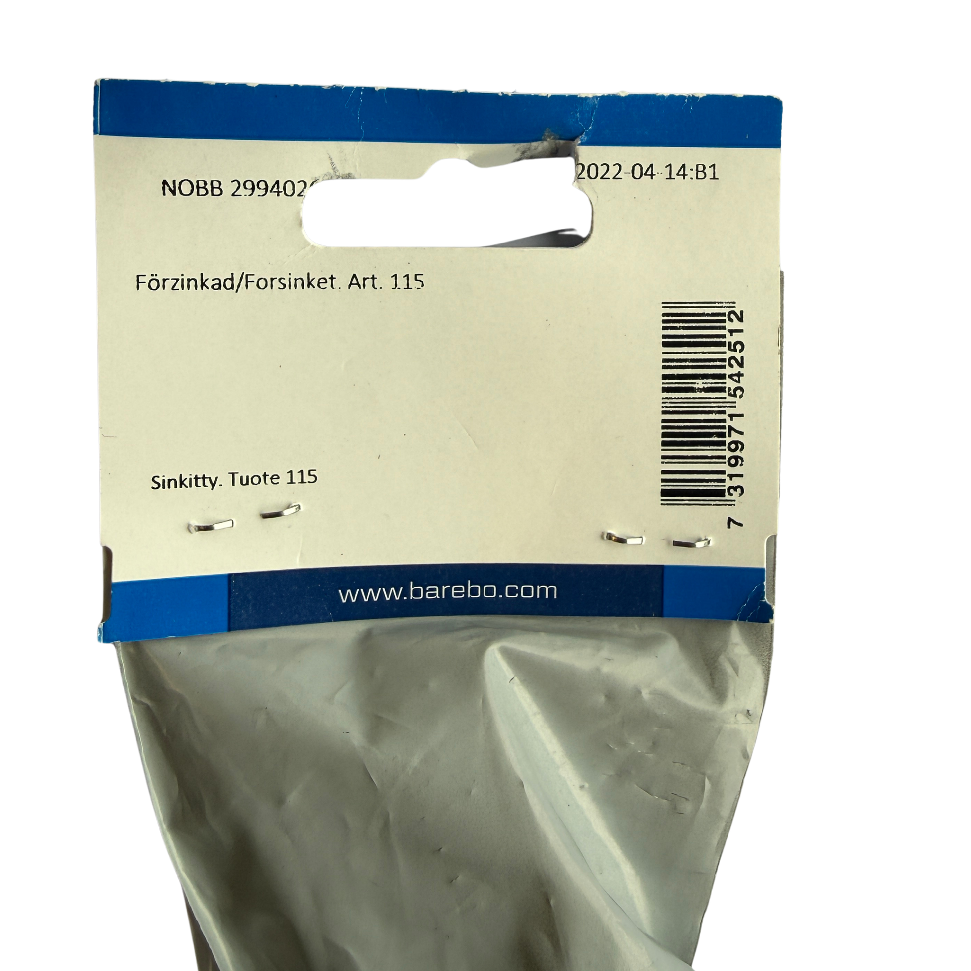 Baksida av förpackning med NOBB-nummer och artikelinformation för Bårebo trapetskrok