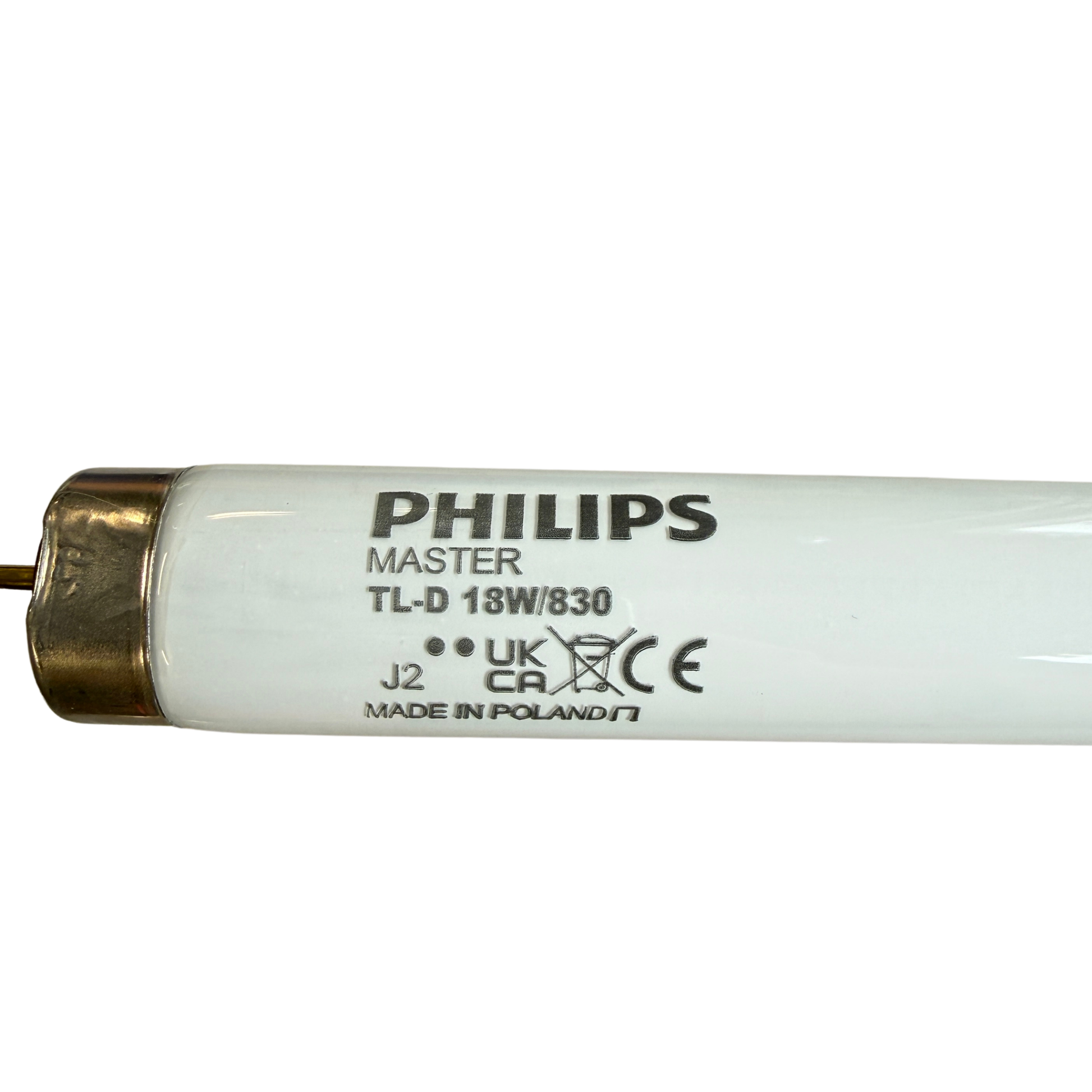 Närbild på Philips Master TL-D 18W/830 lysrör med sockel och märkning
