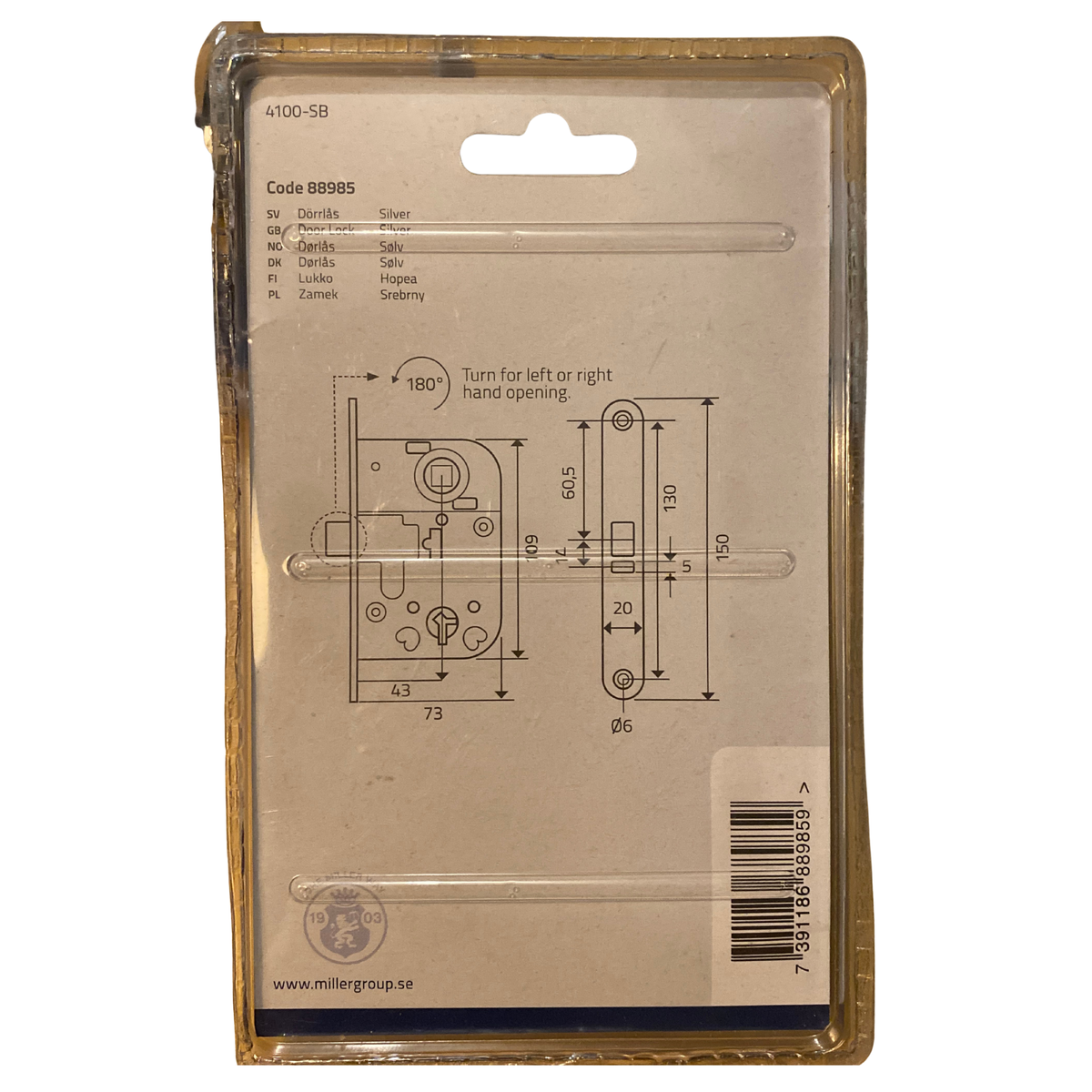Dörrlås låshus baksida av förpackning med måttskiss för stolpe 150x20 mm och dorndjup 43 mm