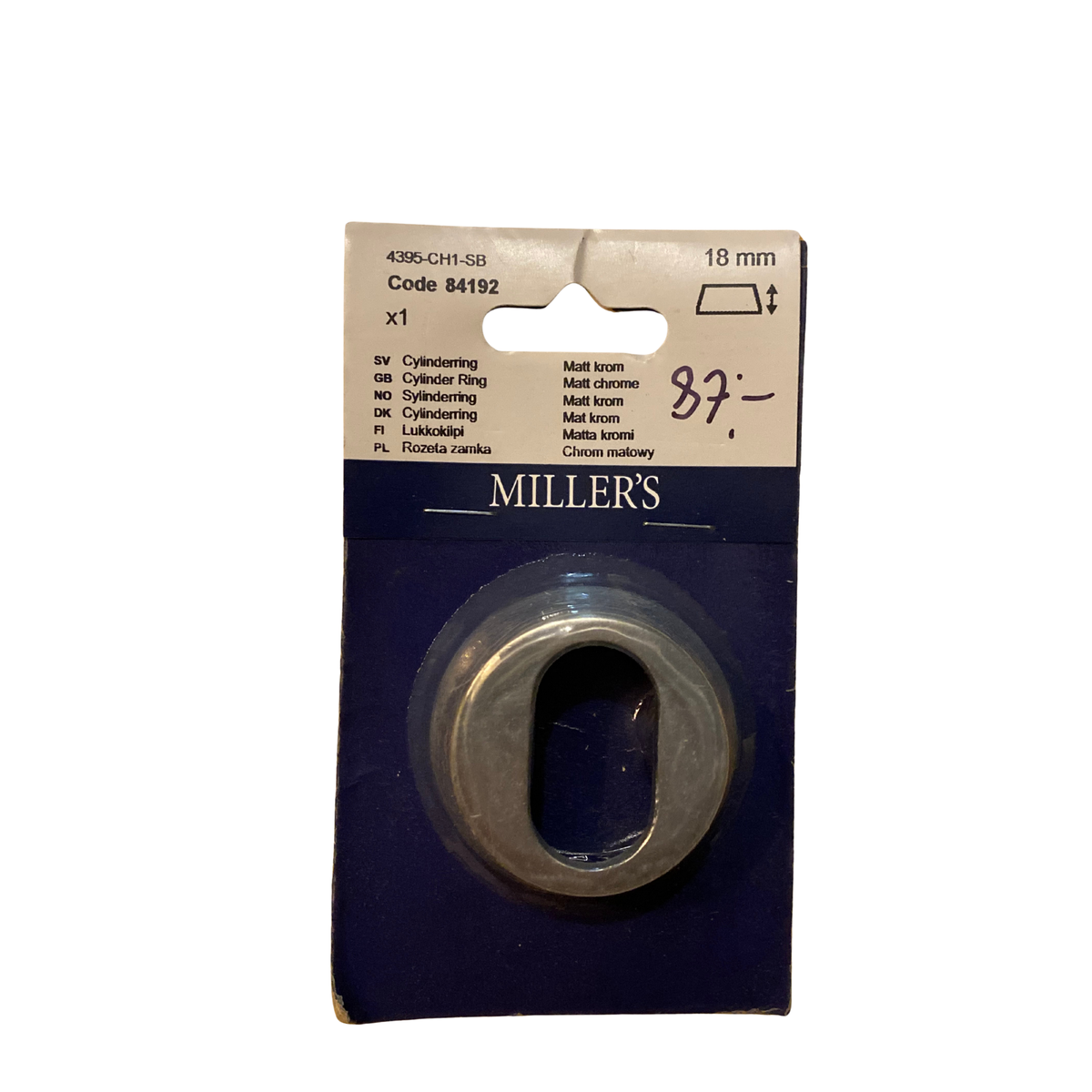 Cylinderring oval 18 mm matt krom med avfasad profil i förpackning från Millers