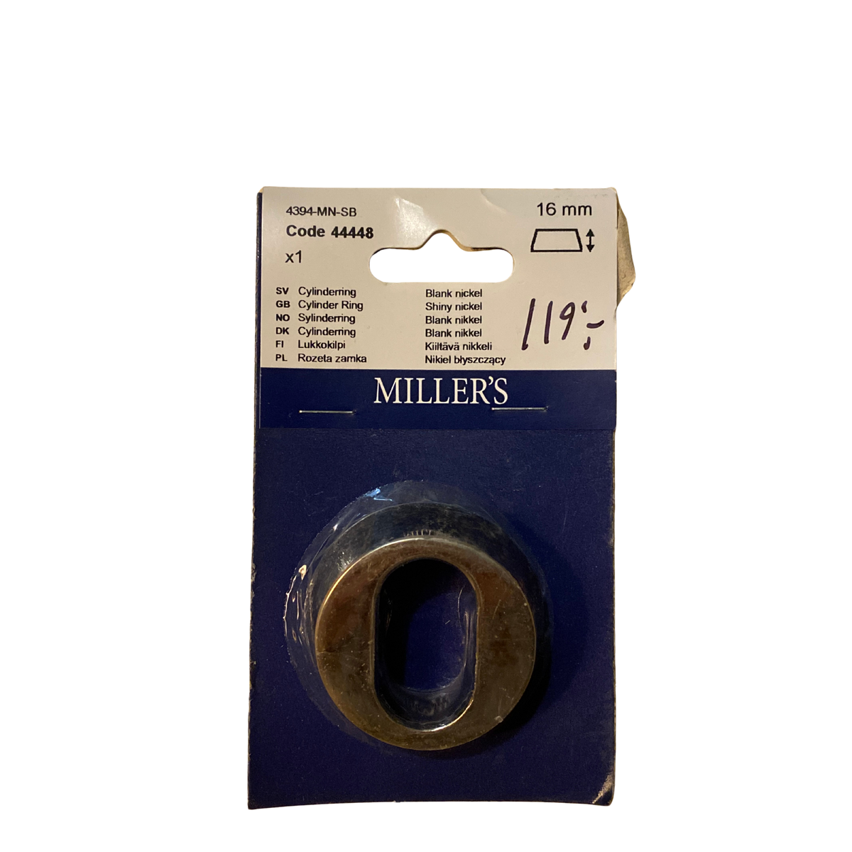Cylinderring oval 16 mm blank nickel med avfasad profil i förpackning från Millers