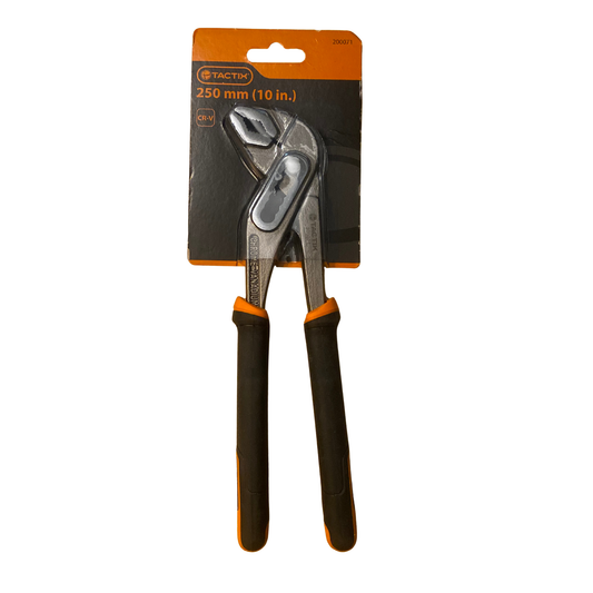 Vattenpumptång polygrip 250 mm i krom-vanadinstål med svart och orange handtag på förpackningskort från Tactix